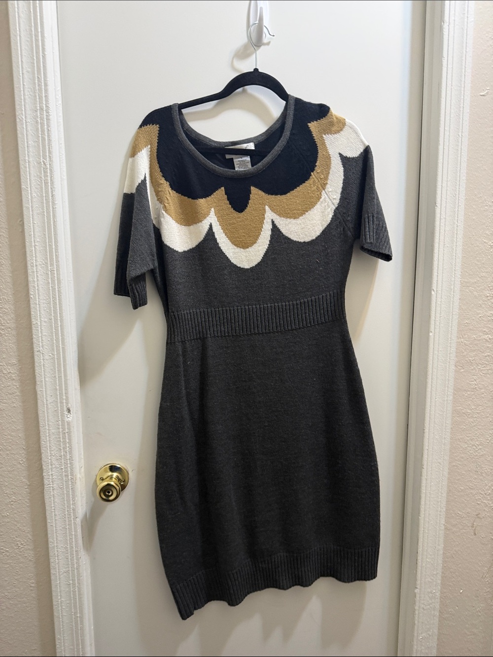 Charcoal Knit Midi Dress with Contrast Yoke